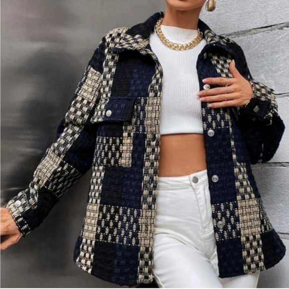 Navy Plaid Print Flap Pocket Oversized button front Casual Shacket jacket Coat - Picture 4 of 4